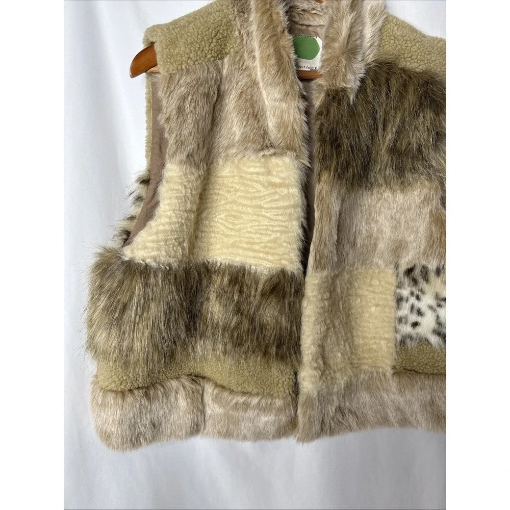 Anthropologie L Marlena Faux Fur Vest Leopard Patchwork‎ Women's Beige - Picture 5 of 10